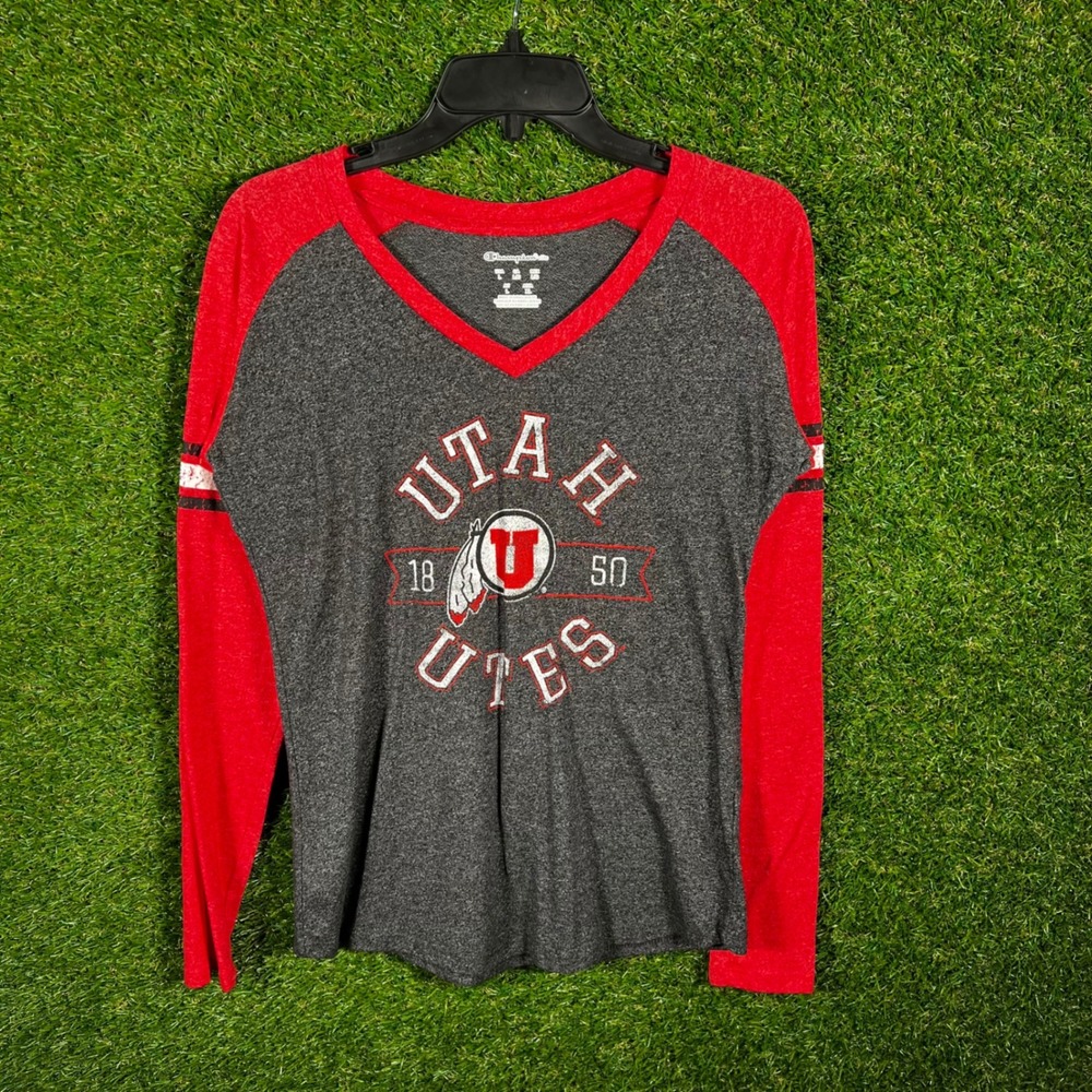 Champion Elite Utah Utes Raglan Long Sleeve Shirt Womens Large Grey‎ Red V-Neck